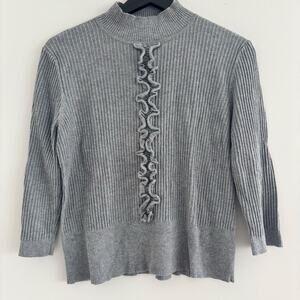 Y2k Cable & Gauge Petite Gray Ribbed Ruffle Sweater 3/4 Sleeves Mock Neck Size S